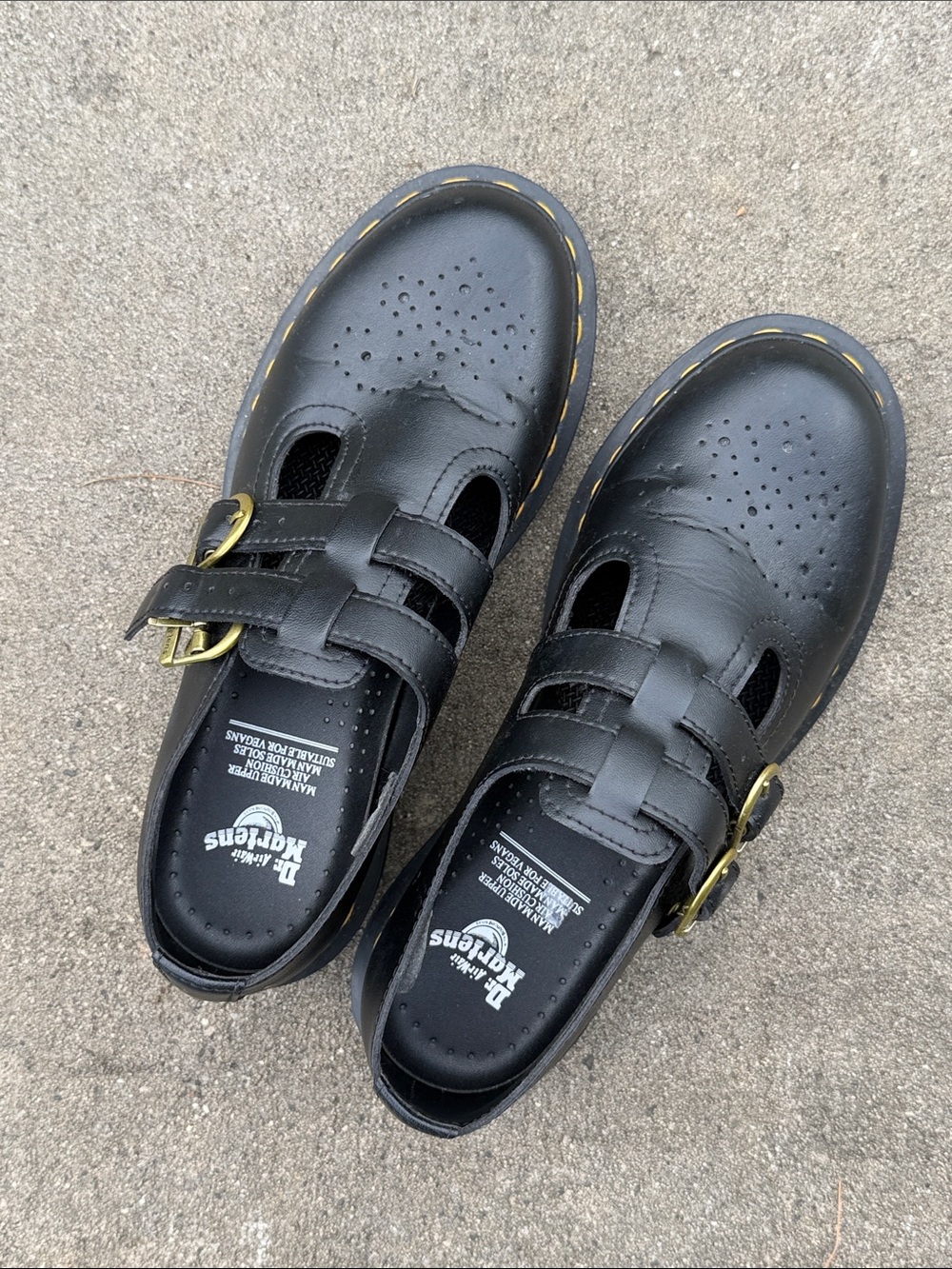 Dr. Martens Black Leather Double-Strap Mary Jane Shoes with Yellow Stitching